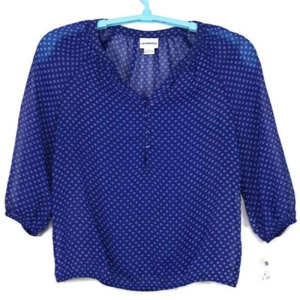 Liz Claiborne‎ Peasant Shirt Top Blouse Blue White Sheer S Small